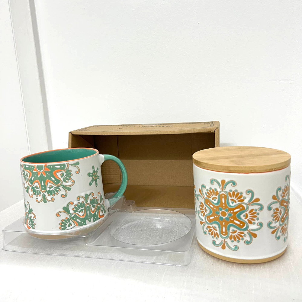 NWT Blue Sky Spectrum Designz terra cotta mug and canister, set of 2.